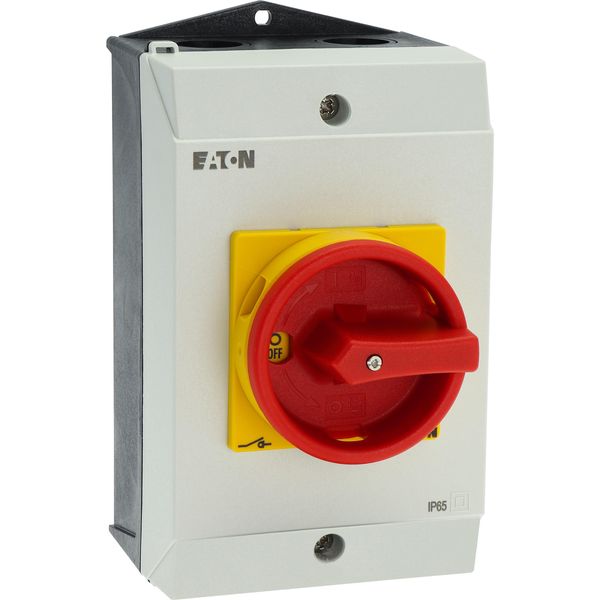 Main switch, T3, 32 A, surface mounting, 4 contact unit(s), 6 pole, 2 N/O, Emergency switching off function, With red rotary handle and yellow locking image 59