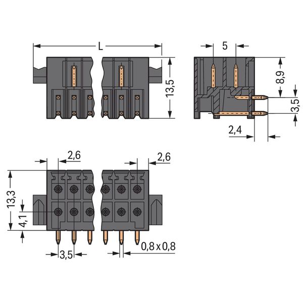 THR male header, 2-row 0.8 x 0.8 mm solder pin angled black image 4