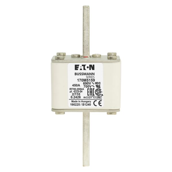 Fuse-link, high speed, 450 A, AC 690 V, DIN 2, 61 x 61 x 108 mm, aR, DIN, IEC, single indicator, 110 mm centres image 13