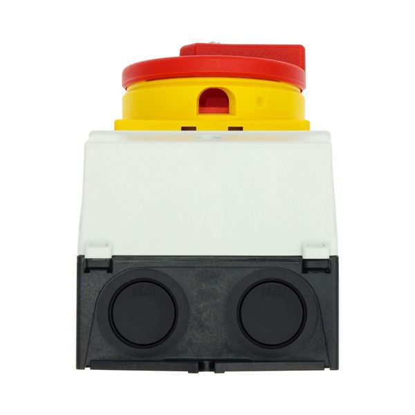 Main switch, T0, 20 A, surface mounting, 2 contact unit(s), 4 pole, Emergency switching off function, With red rotary handle and yellow locking ring image 41