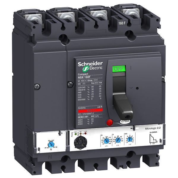 circuit breaker ComPact NSX160F, 36 kA at 415 VAC, MicroLogic 2.2 trip unit 160 A, 4 poles 4d image 1