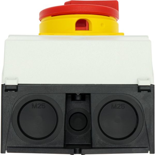 Main switch, T3, 32 A, surface mounting, 4 contact unit(s), 6 pole, 1 N/O, 1 N/C, Emergency switching off function, With red rotary handle and yellow image 2