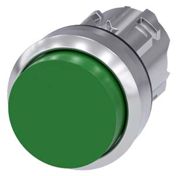 Pushbutton, 22 mm, round, metal, shiny, green, pushbutton, raised momentary contact type, with laser labeling, symbol number according to, ISO 7000 or IEC image 1