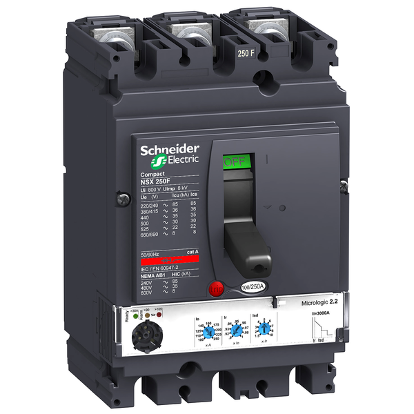 circuit breaker ComPact NSX250F, 36 kA at 415 VAC, MicroLogic 2.2 trip unit 160 A, 3 poles 3d image 3