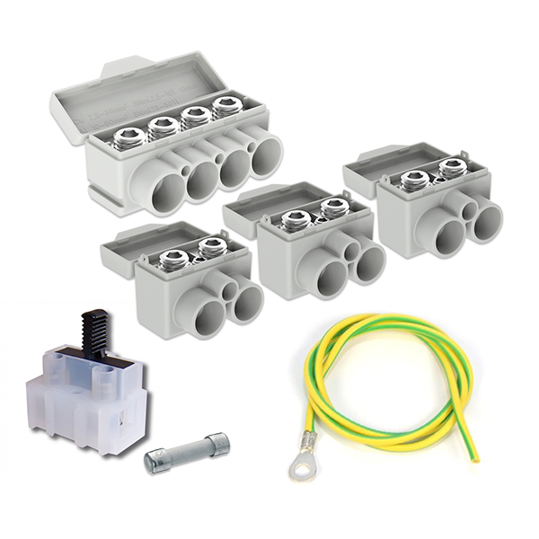 SLT50 Al 10-50/Cu 2.5-35 mm2 1000V Distribution block set 3xSLT50-2-1 + 1xSLT50-4-3 + fuse holder + wire image 1