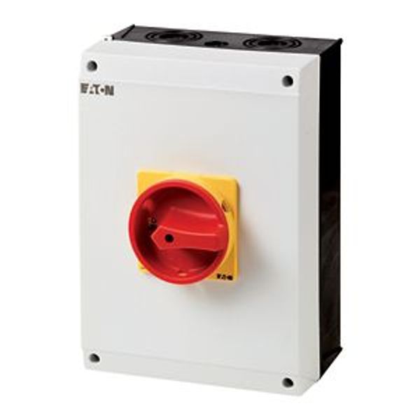 Safety switch, T5, 100 A, 6 pole, Emergency switching off function, With red rotary handle and yellow locking ring, Lockable in position 0 with cover image 2