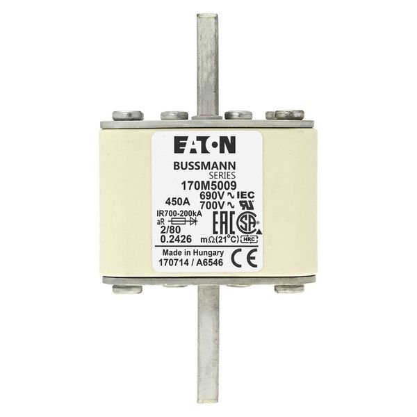 Fuse-link, high speed, 450 A, AC 690 V, DIN 2, 61 x 61 x 108 mm, aR, DIN, IEC, single indicator, 80 mm centres image 15