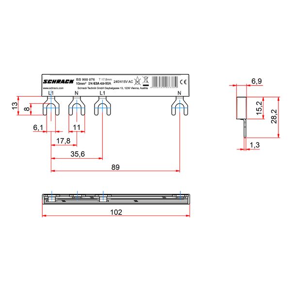 Busbar, 2-pole, L1, 1xRCCB 4-pole to 1xRCBO 1+N, 6MW, 10mmý image 2