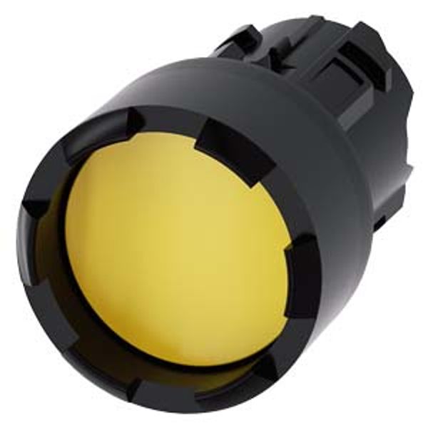 Pushbutton, 22 mm, round, plastic, yellow, Front ring, raised, castellated momentary contact type, with laser labeling, inscription or symbol Customer-specific selection with SIRIUS image 1