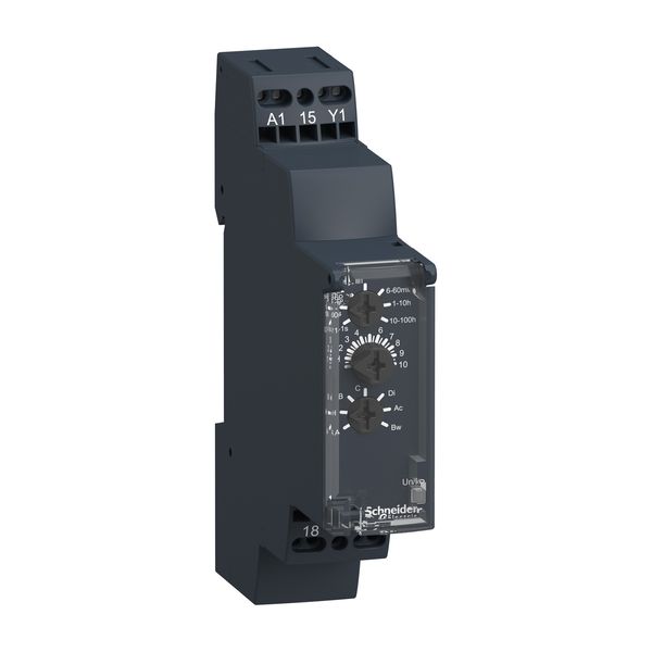 Harmony, Modular timing relay, 8 A, 1 CO, 1 s..100 h, multifunction, spring terminals, 24 V DC / 24...240 V AC/DC image 1
