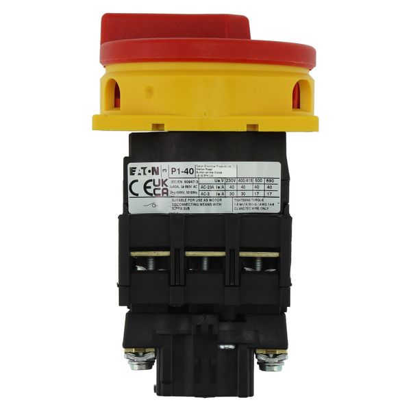 Main switch, P1, 40 A, flush mounting, 3 pole, Emergency switching off function, With red rotary handle and yellow locking ring, Lockable in the 0 (Of image 15
