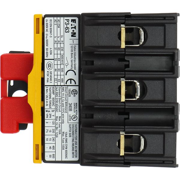 On-Off switch, P3, 63 A, service distribution board mounting, 3 pole, Emergency switching off function, with red thumb grip and yellow front plate, Lo image 19