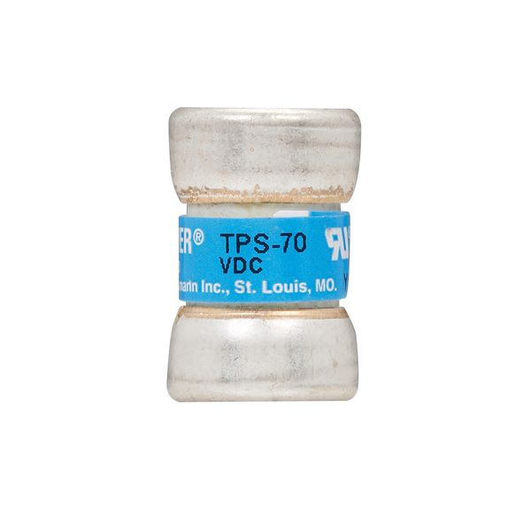 Eaton Bussmann series TPS telecommunication fuse, 170 Vdc, 50A, 100 kAIC, Non Indicating, Current-limiting, Non-indicating, Ferrule end X ferrule end, Glass melamine tube, Silver-plated brass ferrules image 1
