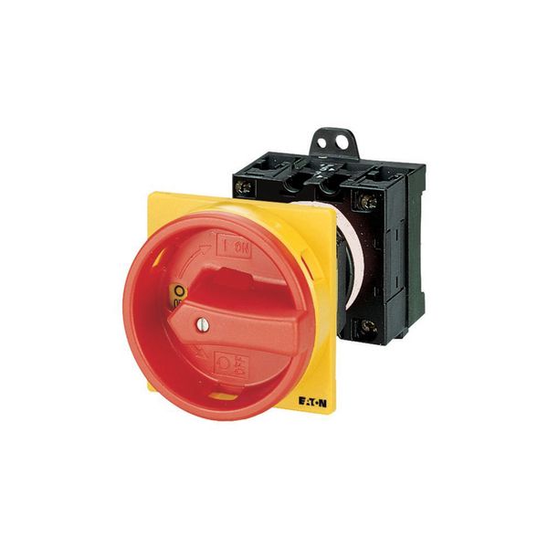Main switch, T3, 32 A, rear mounting, 3 contact unit(s), 3 pole + N, 1 N/O, 1 N/C, Emergency switching off function, With red rotary handle and yellow image 3