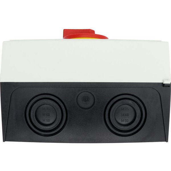 Main switch, P3, 100 A, surface mounting, 3 pole, 1 N/O, 1 N/C, Emergency switching off function, With red rotary handle and yellow locking ring, Lock image 61