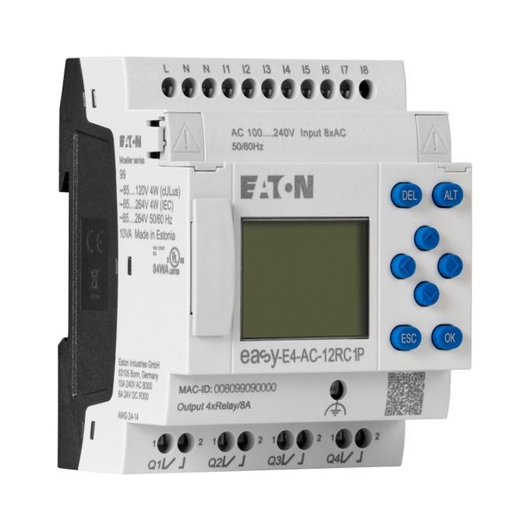 easyE4 control relay, basic unit with display (expandable, Ethernet), 100–240 VAC, 100–240 VDC (cULus: 100–110 VDC), digital inputs: 8, digital output image 10