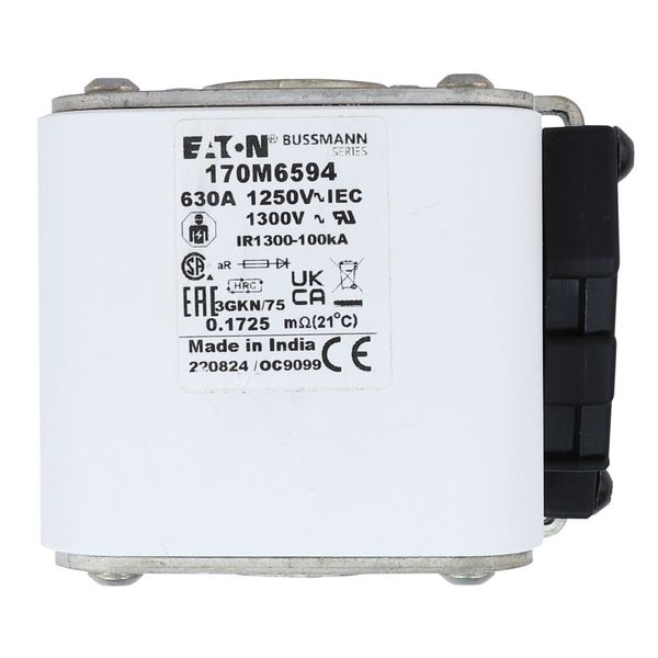 Fuse-link, high speed, 630 A, AC 1250 V, size 3, 76 x 92 x 76 mm, aR, IEC, UL, type K indicator, flush end, 13 UNC image 28