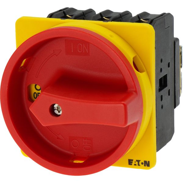 Main switch, P3, 100 A, flush mounting, 3 pole, Emergency switching off function, With red rotary handle and yellow locking ring, Lockable in the 0 (O image 10