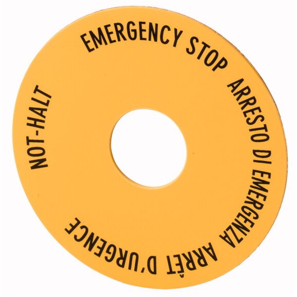 Emergency stop label, Yellow, black lettering, Round, 60 mm, de, en, fr, it, Front dimensions 25 × 25 mm image 1