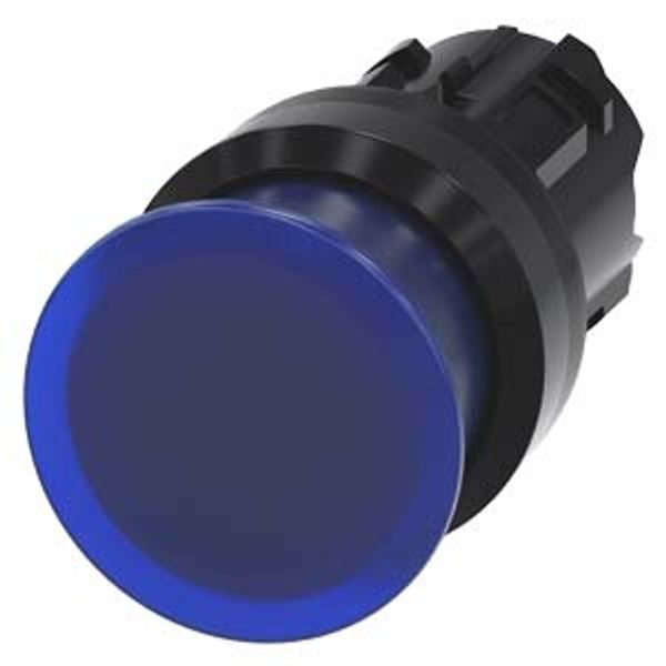 Illuminated mushroom pushbutton, 22 mm, round, plastic, blue, 30 mm, momentary contact type, with laser labeling, symbol number according to, ISO 7000 or image 1