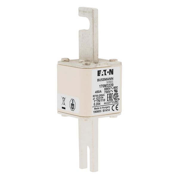 Fuse-link, high speed, 450 A, AC 690 V, compact DIN 1, 45 x 58 x 134 mm, aR, DIN, IEC, single indicator, 80 mm centres image 8