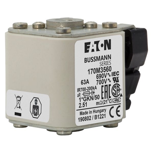 Fuse-link, high speed, 63 A, AC 690 V, compact size 1, 45 x 59 x 51 mm, aR, IEC, UL, type K indicator, 18 UNC image 24