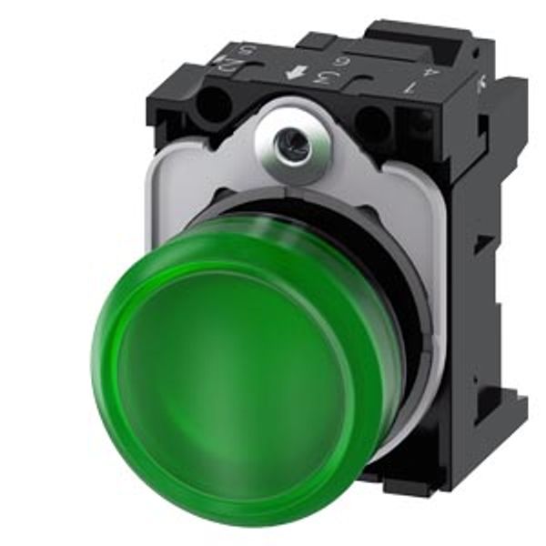 Indicator lights, 22 mm, round, plastic, green, lens, smooth, with holder, LED module,  3SU1103-6AA40-3AA0-Z Y12 image 1