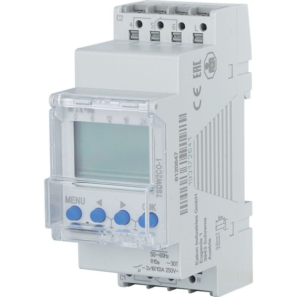 Digital Timeswitch, DIN rail 2 TE, weekly program, 2 channels, changeover contact, push terminals image 1