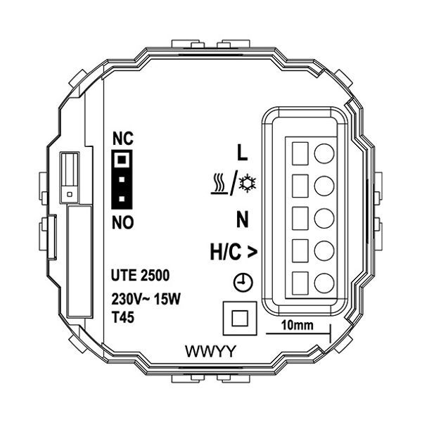 UP room controller, RAL9016 glossy 55x55, 5-30C, AC 230V, triac output, switchable 5 actuators each 3W, change-over input, TA 3.5K, LED displays image 3