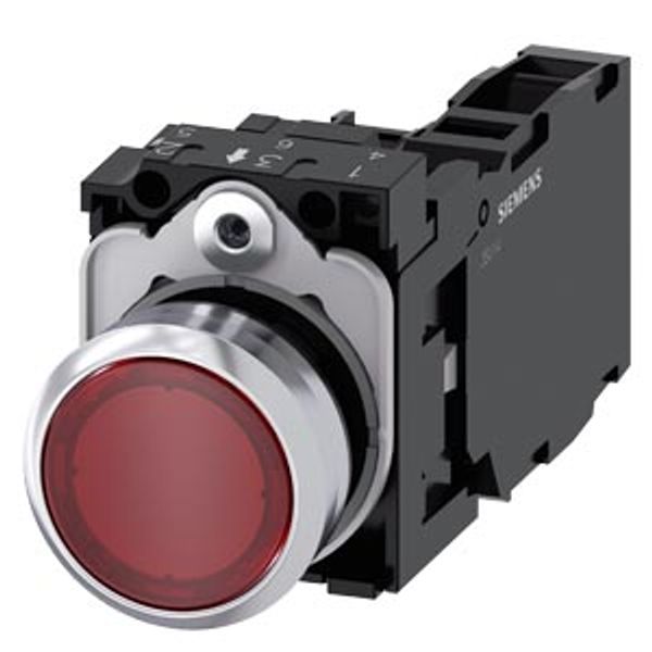 Illuminated pushbutton, 22 mm, round, metal, shiny, red, pushbutton, flat, momentary contact type, with holder,  3SU1153-0AB20-1FA0-Z Y12 image 2