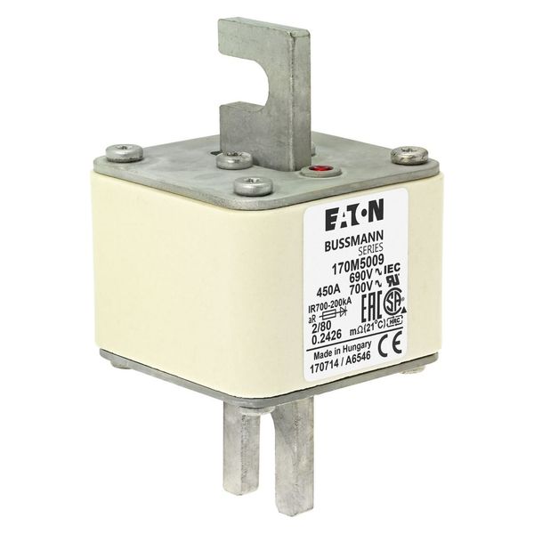 Fuse-link, high speed, 450 A, AC 690 V, DIN 2, 61 x 61 x 108 mm, aR, DIN, IEC, single indicator, 80 mm centres image 18