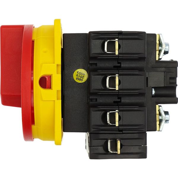 Main switch, P3, 100 A, flush mounting, 3 pole + N, Emergency switching off function, With red rotary handle and yellow locking ring, Lockable in the image 16