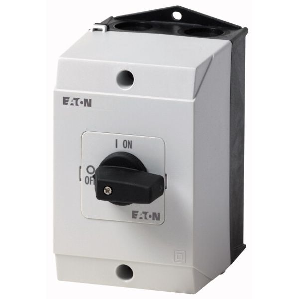 On-Off switch, T3, 32 A, surface mounting, 3 contact unit(s), 3 pole, 2 N/O, 1 N/C, with black thumb grip and front plate image 1