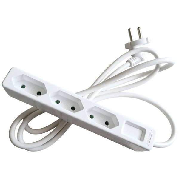 3 way EURO 2pin socket outlet, white1,4 m H05VV- F 2x1,0 cable white with 2pin shaped plugwith shutterwithout switch250V/ 16A/ 2,5Amax. 1800Win polybag with label image 1