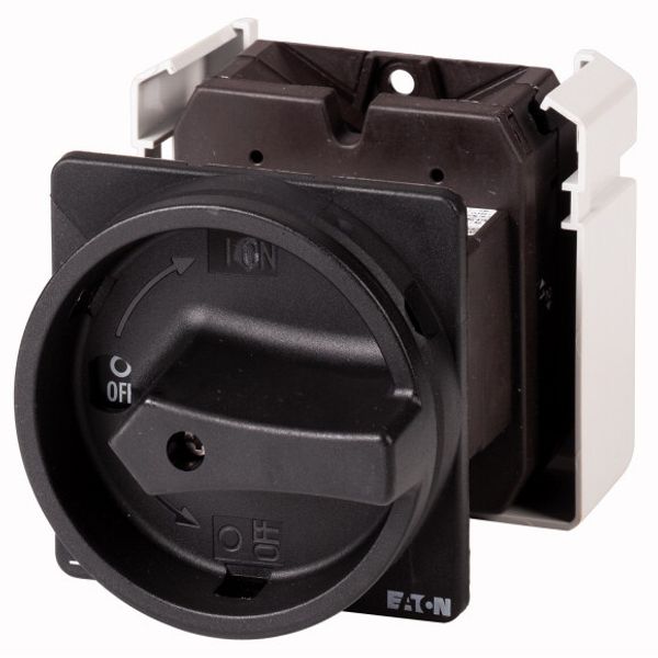 Main switch, T5B, 63 A, rear mounting, 4 contact unit(s), 6 pole, 1 N/O, 1 N/C, STOP function, With black rotary handle and locking ring, Lockable in image 1