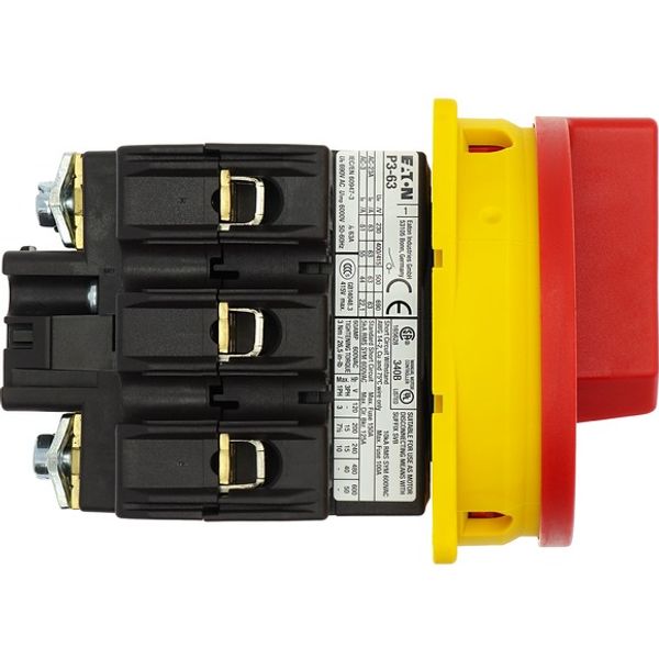 Main switch, P3, 63 A, flush mounting, 3 pole, Emergency switching off function, With red rotary handle and yellow locking ring, Lockable in the 0 (Of image 9