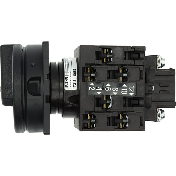 Main switch, T3, 32 A, flush mounting, 3 contact unit(s), 3 pole, 2 N/O, 1 N/C, STOP function, With black rotary handle and locking ring, Lockable in image 41
