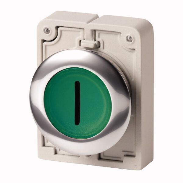 Illuminated pushbutton actuator, RMQ-Titan, Flat, maintained, green, inscribed, Metal bezel image 1