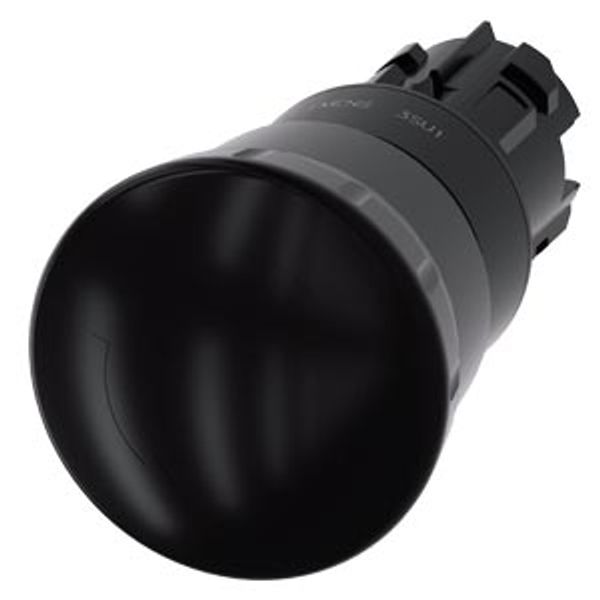 Mushroom pushbutton, 22 mm, round, plastic, black, 40 mm, positive latching, acc. to EN ISO 13850, rotate-to-unlatch, with laser labeling, upper case image 1