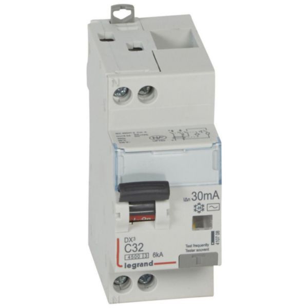 Differential circuit breaker DX³4500 high inlet and low outlet screw U+N 230V~ - 32A typeAC 30mA - curve C - 2 modules image 1