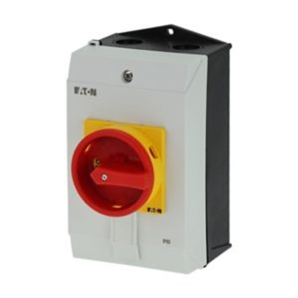 Main switch, P1, 40 A, surface mounting, 3 pole + N, Emergency switching off function, With red rotary handle and yellow locking ring, Lockable in the image 4