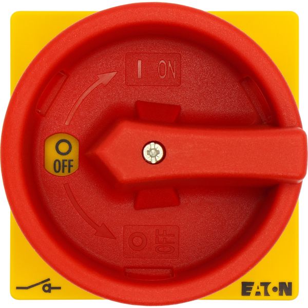 Main switch, T0, 20 A, rear mounting, 1 contact unit(s), 2 pole, Emergency switching off function, With red rotary handle and yellow locking ring, Loc image 36