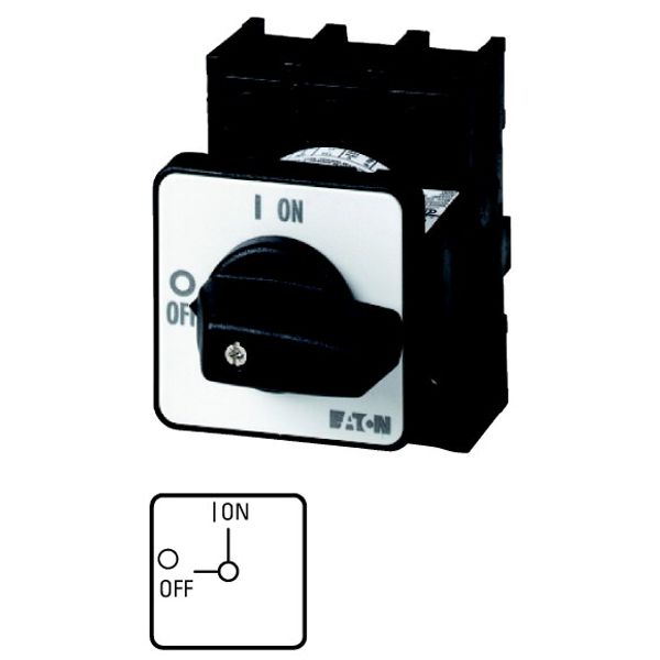 On-Off switch, P1, 25 A, centre mounting, 3 pole, 1 N/O, 1 N/C, with black thumb grip and front plate image 1
