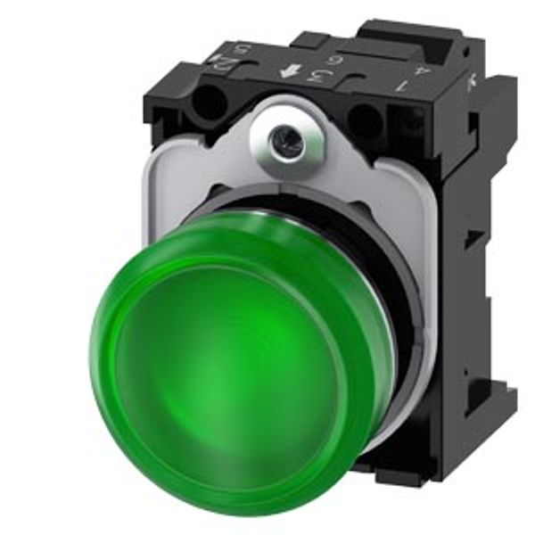 Indicator lights, 22 mm, round, metal, shiny, green, lens, smooth, with holder, LED module with integrated  3SU1153-6AA40-3AA0-Z Y13 image 2