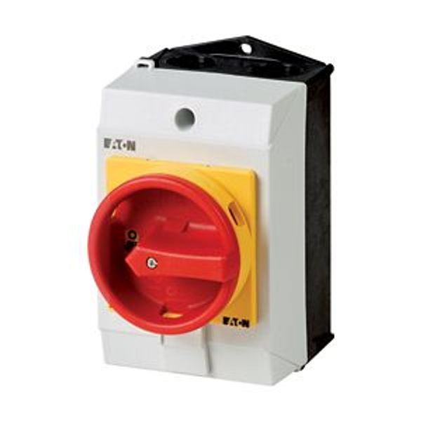 Main switch, T0, 20 A, surface mounting, 4 contact unit(s), 6 pole, 1 N/O, 1 N/C, Emergency switching off function, With red rotary handle and yellow image 4