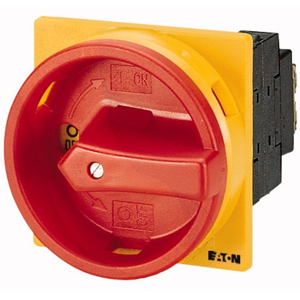 Main switch, P1, 25 A, flush mounting, 3 pole, Emergency switching off function, With red rotary handle and yellow locking ring, Lockable in the 0 (Of image 1