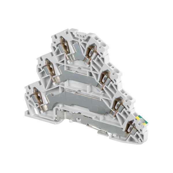 SPRING TERMINAL BLOCK, TRIPLE DECK, GROUND, GREY, GREEN, YELLOW, 5X103.5X69.35MM image 1