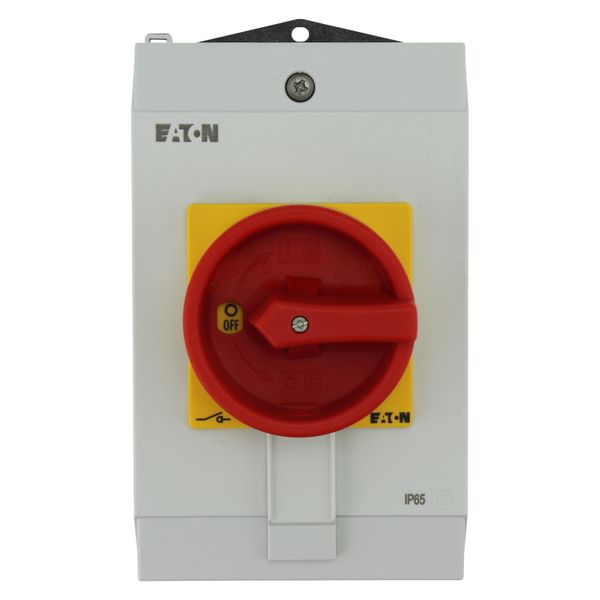 Main switch, P1, 40 A, surface mounting, 3 pole + N, Emergency switching off function, With red rotary handle and yellow locking ring, Lockable in the image 8