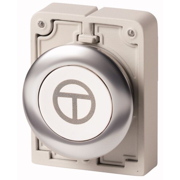 Pushbutton, RMQ-Titan, flat, momentary, White, inscribed, Front ring stainless steel, ON/OFF image 1