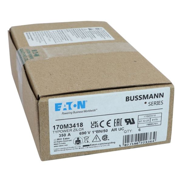 Fuse-link, high speed, 350 A, AC 690 V, compact size 1, 45 x 59 x 51 mm, aR, IEC, UL, single indicator, flush end, M8 image 1